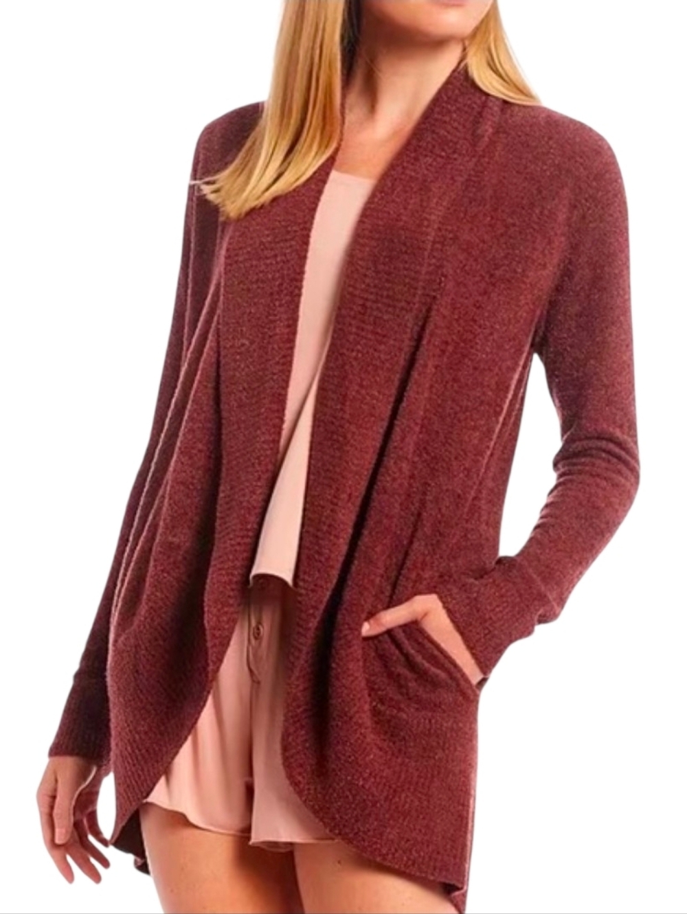 Barefoot Dreams CozyChic Lite Circle Cardigan     Cozy Open-Front Burgundy Sz L